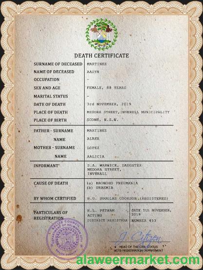 Belize death certificate PSD template
